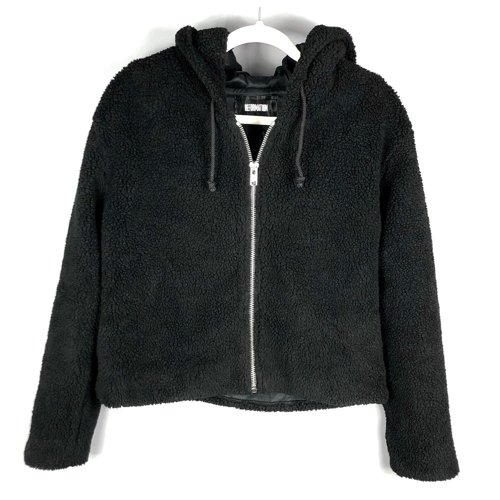 Reformation Teddy Full Zip Hooded Jacket XS Black Cozy Outdoors Winter Casual
